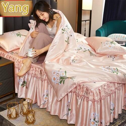 Ice Silk Mat Three-piece Bed Skirt Summer Machine Washable Double Air Conditioning Mat Pillowcase Quilt Cover and Sheets