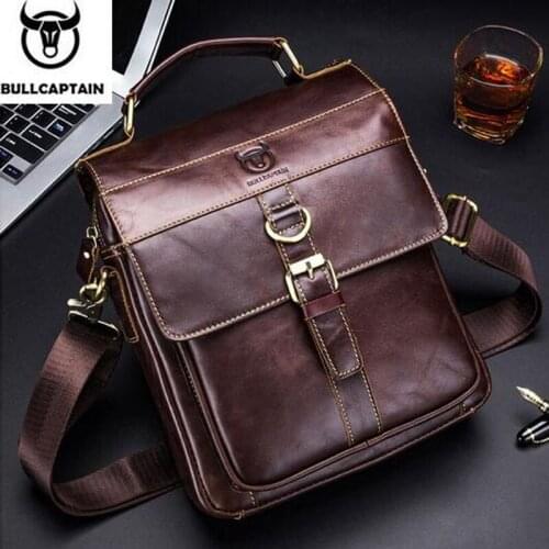 BULLCAPTAIN Mens Business Genuine Leather Handbags Crossbody Bag Cow skin Small Men Single Shoulder Crossbody Bag