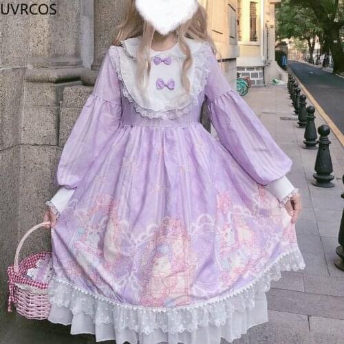 Japanese Kawaii Lolita Clothes New Collection Elegant Fall Dress Women Gothic Style Animal Print Lantern Sleeve Princess Dress