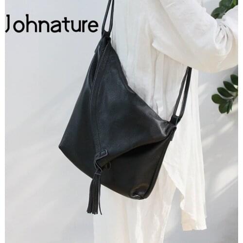 Johnature Casual Large Capacity Women Bag 2021 New Genuine Leather Simple Shoulder & Crossbody Bags Soft Cowhide Messenger Bag