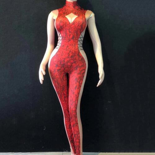 Fashion Red Print Women Jumpsuits Nightclub Pole Dacing Stage Wear Skinny Stretch Bodysuits Evening Bar Prom Celebrate Costumes