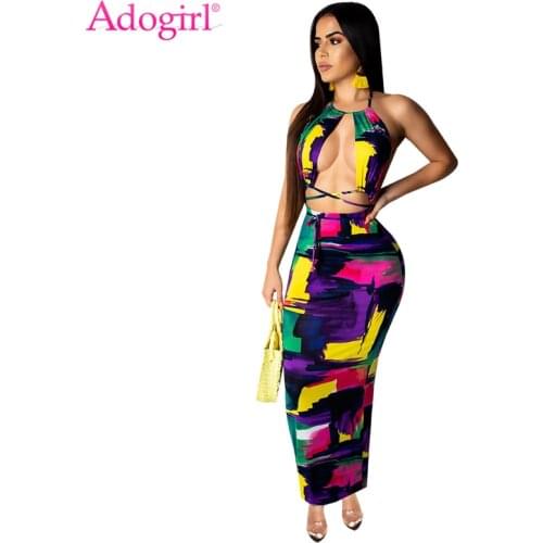 Adogirl Tie Dye Print Women Two Piece Set Dress Halter Backless Lace Up Crop Top + Bodycon Maxi Skirt Night Club Summer Dress
