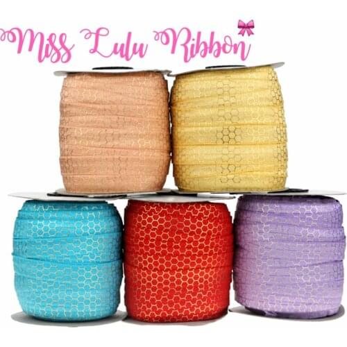 5/8"16mm gold foli honeycomb printed fold over elastic ribbon glitter geometric tape handmade hair bows party decoration 50yards