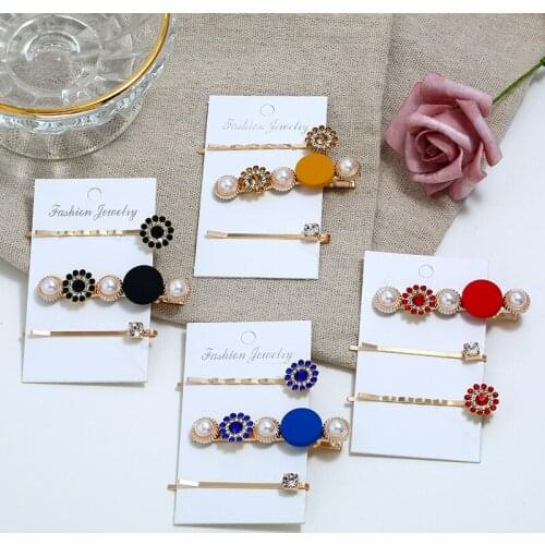 3pcs set simple creative hair clip for women with inlay faux pearl rhinestone flower design female side clip bangs clip haarclip