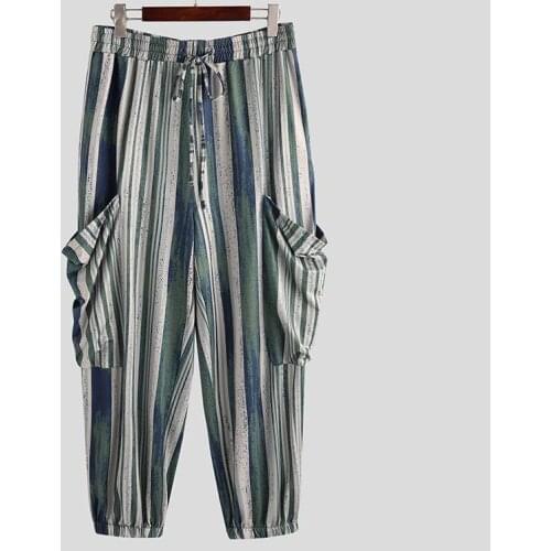 Mens harem pants loose drawstring pocket striped jogger fashion casual pants mens street clothing pants