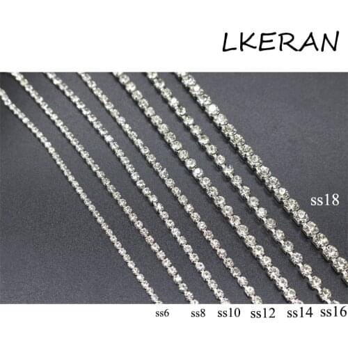 LKERAN 5Meter/lot 7 Sizes Clear Sew on Crystal Rhinestone Chain Silver Base Dense Claw Glass Rhinestone Trim DIY Accessories