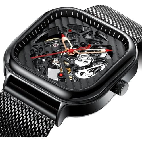 AILANG Black Stainless Steel Mesh Mechanical Wristwatches Hollow Luminous Waterproof Watches Mens Transparent Automatic Watch