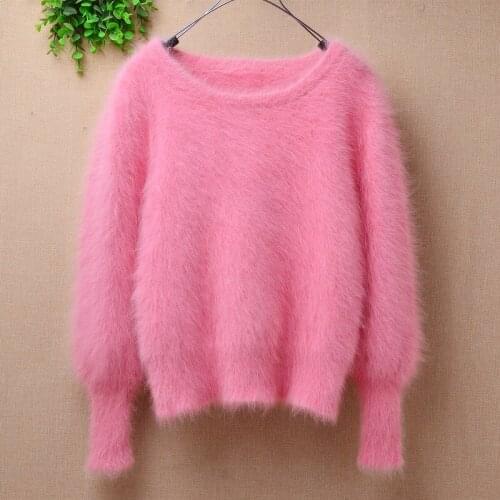Ladies women fashion pink angora rabbit hair knitted long lantern sleeves short crop top slim pullover mink fur jumper sweater