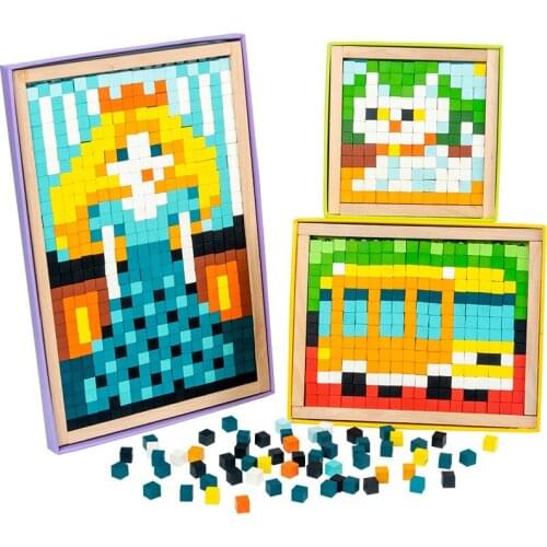 3D Children Wooden Mosaic Puzzle Game Toy Baby Hand-Eye Coordination Fun Montessori Building Block Educational Toy Set Boy Gift