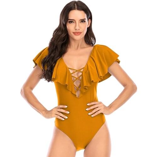 Women Ruffle Swimsuit Solid Backless Swimwear Vintage Slimming Monokoni Summer Beachwear Sexy Yellow One Piece Bathing Suit S~XL