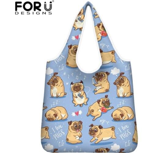 FORUDESIHNS Women Shopping Bag Cute Pug Print Large Eco Reusable Shop Bags Washable Grocery Tote Folding Supermarket Totes