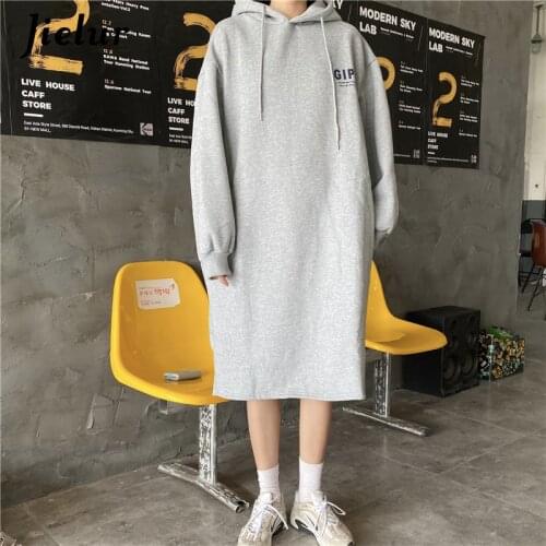Jielur High Street Fashion Long Hoodies for Women Letter Print Pockets Pullover Loose Hooded Gray Khaki Fleece Sweatshirt Winter