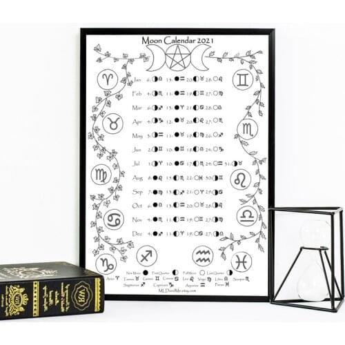 2021 Calendar Moon and Zodiac Canvas Painting Black White Poster Wall Picture Calendar 2021 Lunar Art Prints Office Home Decor