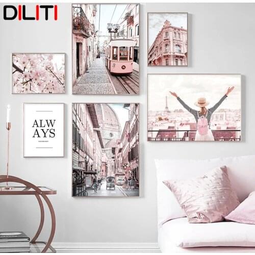 Paris Tower Tram Vintage Building Canvas Painting Nordic Cherry Blossoms Print Poster Wall Pictures for Living Room Home Decor