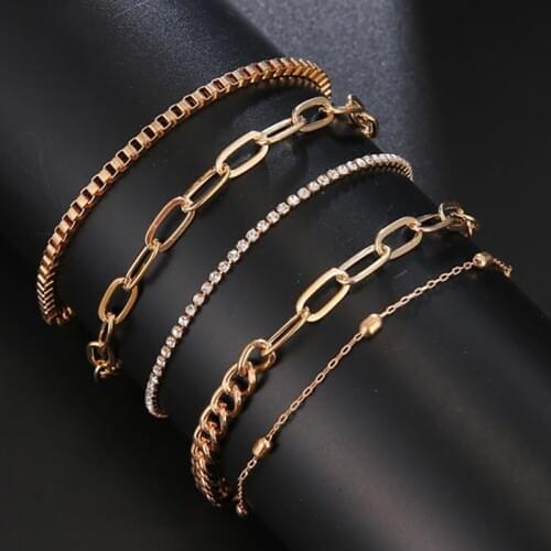 VKME 5 Pcs/ Set Punk Gold Crystal Thick Chain Bracelets Set For Women Bohemian Geometric Chain Ot Buckle Bracelet Set Jewelry