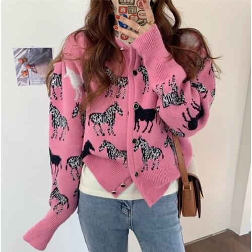Korea Chic Autumn O Neck Single-breasted Zebra Jacquard Loose Casual Long-sleeved Knitted Cardigan Soft Warm Sweater Women