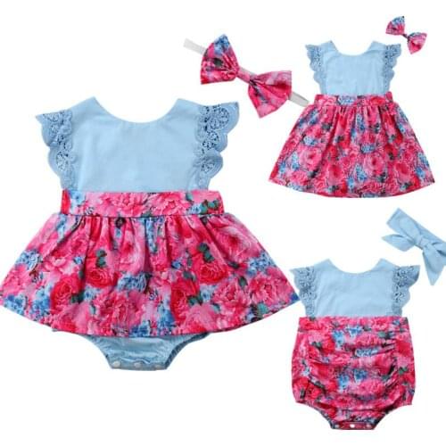 New Infant Child Sisters Kids Baby Girl Summer Lace Royal Floral Romper Dress Sundress 2Pcs Sleeveless Summer Sunsuit