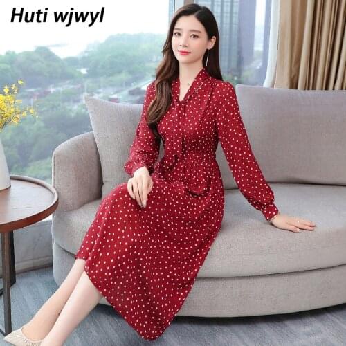 Autumn Winter Plus Size Women Bodycon Dress 2021 Vintage Solid Dot Chiffon Long Sleeve Midi Dresses Elegant Party Femal Vestidos