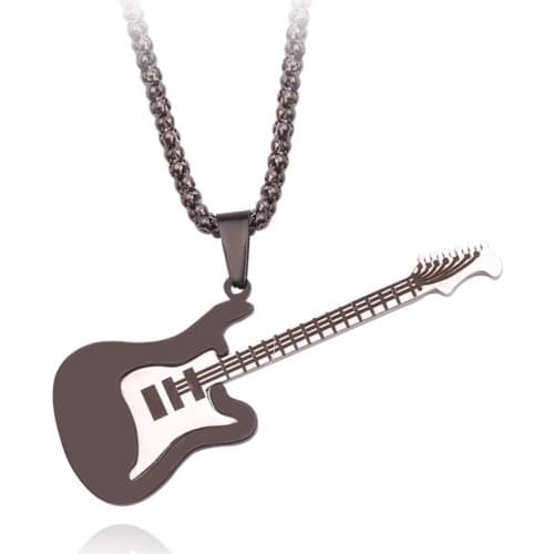 Punk Music Guitar Pendant Stainless Steel Necklace For Men Hip Hop Gold Color Black Guitar Pendant Necklace For Women Jewelry