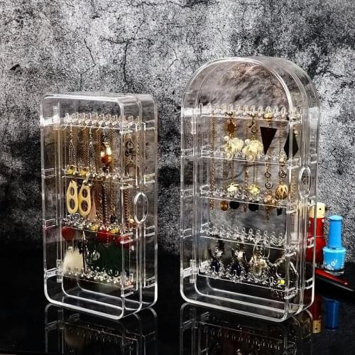 Plastic Dustproof Jewelry Storage Box Household Rotating Multilayer Earrings Earrings Shelf Desktop Transparent Organizing Box