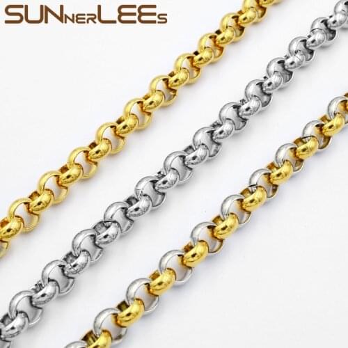 SUNNERLEES Jewelry 3mm~9mm New Mens Womens Rolo Link Chain Silver Color Gold Plated Stainless Steel Necklace SC43
