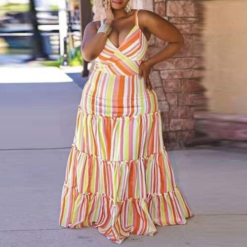 Light Orange Stripe Printed Plus Size Dress V-neck Sling Flooor Dress Summer for Woman New Arrival Boho Beach Street Wear