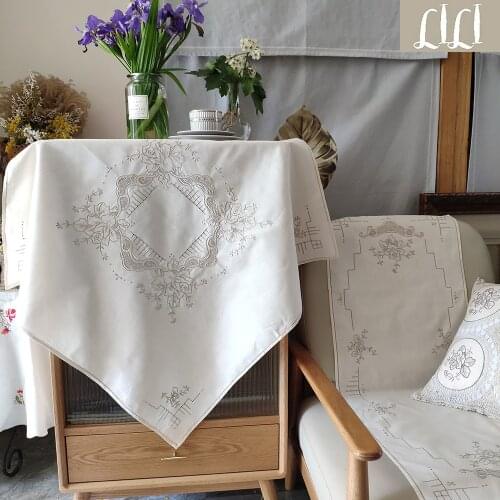 Hand-embroidered Drawnwork beige Cotton and Linen Tablecloth