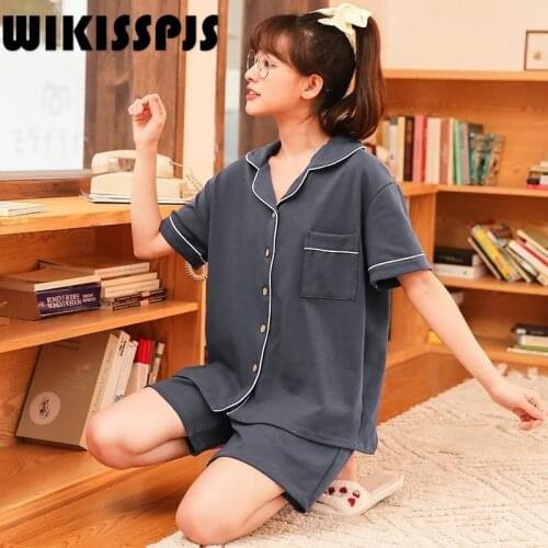 WIKISSPJS 2021 Summer New Cotton Short Sleeve Cardigan Pure Color Simple Home Suit Women Sleep Tops
