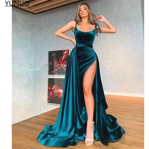 YUNUO Hunter Green Long Evening Dresses With Detachable Train Spaghetti Straps Formal Party Gowns vestidos de noche Side Slit