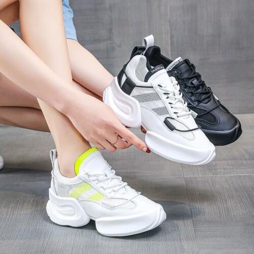 Leather And Blank Mesh Upper Women Chunky Sneaker 2021 Summer White Female Sport Shoes Lace up Fashion Casual Comfort