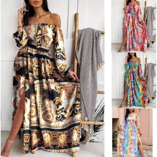 Print Dresses Women Fashion Casual Off Shoulder Sash Neck Long Sleeve Dresses Plus Size Bohemian