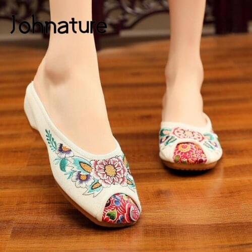 Johnature Shoes Women Slippers 2021 New Embroider Outside Slides Flat With National Style Leisure Cotton Fabric Floral Slippers