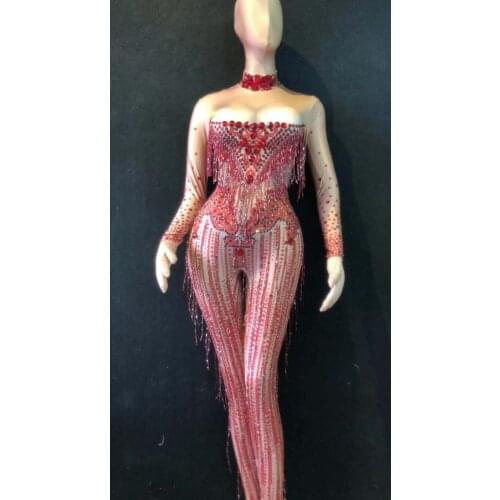 Women Stage Dance Stretch Jumpsuit Costume One-piece Fringes Big Stretch Spandex Rompers Outfit Red Crystals Tassel Jumpsuit