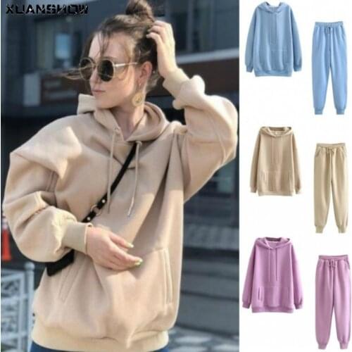 Women Tracksuit Fleece Hoodie Sweatshirts Winter Fashion 2020 Thicken Oversize Ladies Pullovers Warm Pocket Long Pant Set