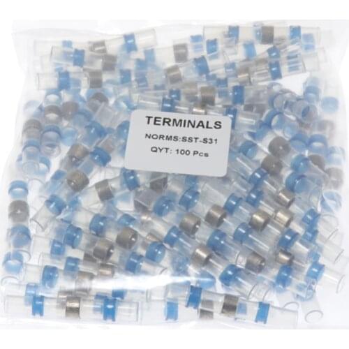 100pcs SST-S31 Seal Heat Shrink Butt Wire Connectors Blue Terminals AWG16-14 1.5-2.5mm Solder Sleeve Waterproof SST-R31