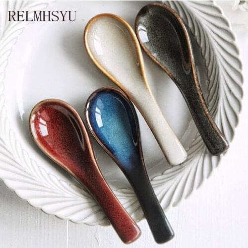 2PCS RELMHSYUJapanese Style Ceramic Kiln Change Household Restaurant Ceramics Soup Small Soup Dessert Dinner Spoon Tableware