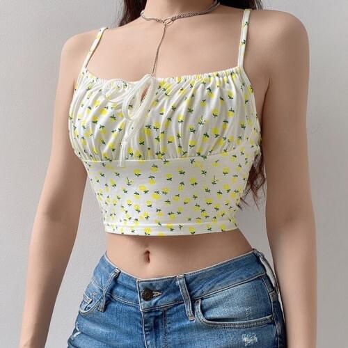 2021 NEW Y2K Women Spaghetti Strap Tops Floral Print Camisole Sexy Boat Neckline Front Hollow Lace Up Backless Camisole