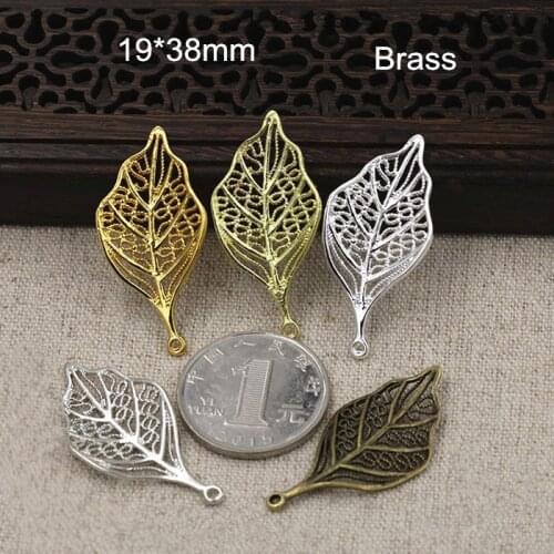 6 pcs Brass Casting Crafts Leaf Pendant 19*38mm Brass Filigree Leaf Charms,Gold-color / Silver-color / Bronze / Steel / Brass