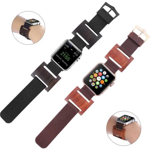 Natural Wood + Genuine Leather Watch Bracelet for Apple Watch Series 3 2 1 Band Real Wooden Wristband for iWatch Strap 42mm 38mm