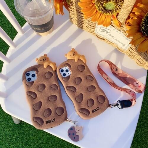 Cartoon Chocolates Bear pattern for iPhone 11Pro 12 12promax 7 8plus x xs xr xsmax Silicone phone case With rope and pendant