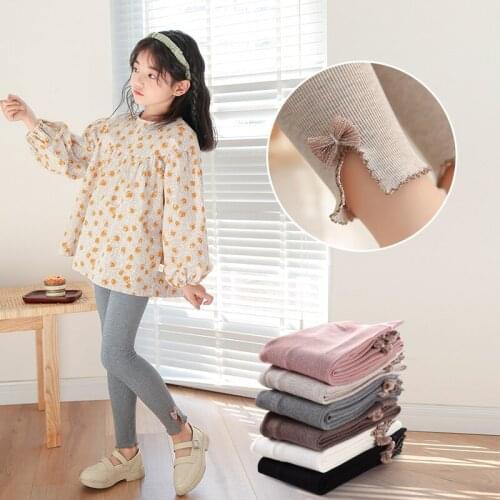 Spring and Autumn Pure Cotton Childrens Bright Silk Mini Bow Nine Pants with Wooden Ears Girls' Baby Fashion All-match Leggings