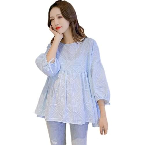 Three Quarter Elegant Summer Fashion Lace Cotton Maternity Blouse Plus Size Loose Tunic Clothes Pregnant Women Pregnancy Tops