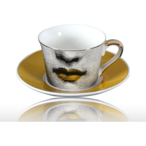 European Lady skull face cup saucer golden coffee cup lace golden dish wedding birthday gift bar party tea cup home decoration