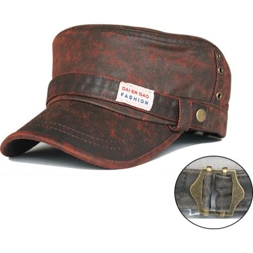 Hat spring and summer washed frosted leather mens and womens outdoor military cap casual flat hat breathable hole peaked cap