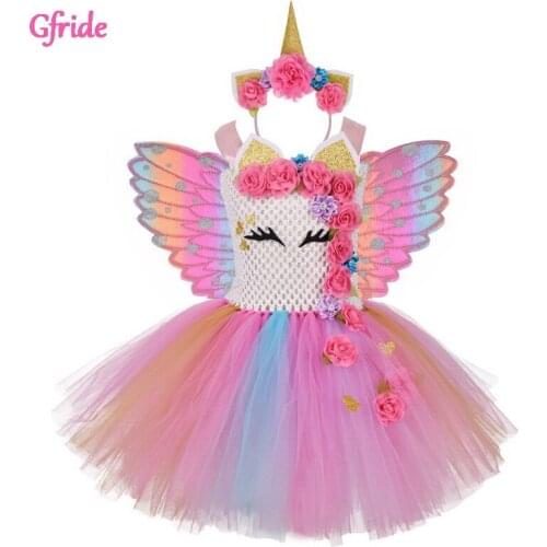 Summer Baby Girls Cosplay Unicorn TUTU Dresses Casual Flowers Sleeveless Toddler Kids Formal Party Pink Cute Wings Costumes