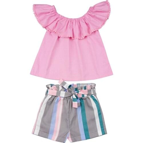 Citgeett Summer Toddler Kid Baby Girl Clothes Ruffle T-shirt Pink Collar Top+Shorts Striped Pants Outfits Set