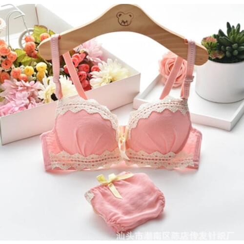 2020 new Japanese fresh cotton embroidery girl student underwear cute chiffon small chest gather bra set