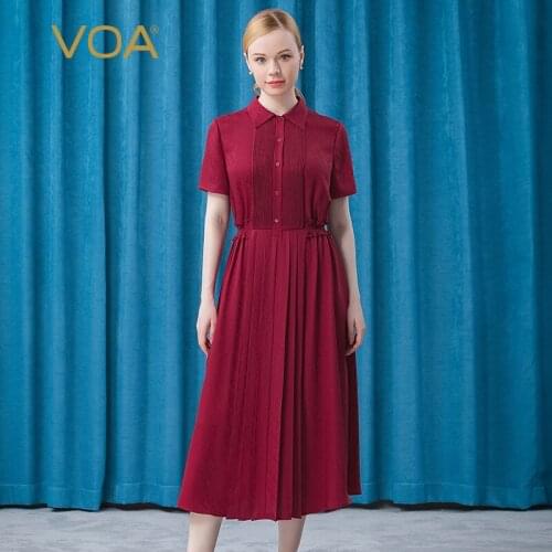 VOA Silk Jacquard Sunset Red POLO Collar Three Dimensional Pleated Bud Elastic Waist Slim Short Sleeve Dress AE631