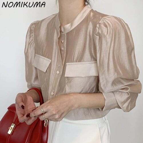 Nomikuma Autumn Stand Neck Women Blouse Korean Puff Sleeve Pockets Top Shirts 2021 New Solid Blusas Camisas De Mujer 6L999