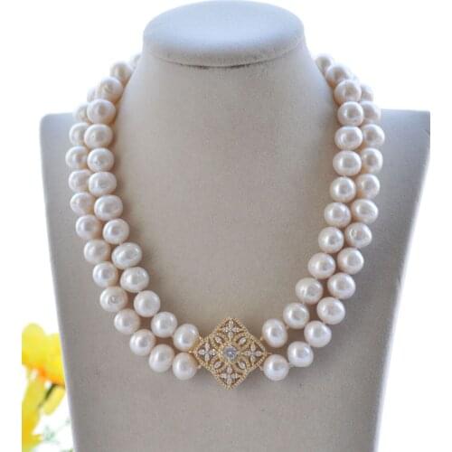 P7529 2Row 15mm Round White Freshwater Pearl Necklace Bracelet CZ Button
